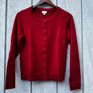 ❌SOLD❌Talbots Petite Red Cardigan Sweater Ruffle Trim Pure Merino‎ Wool Small S